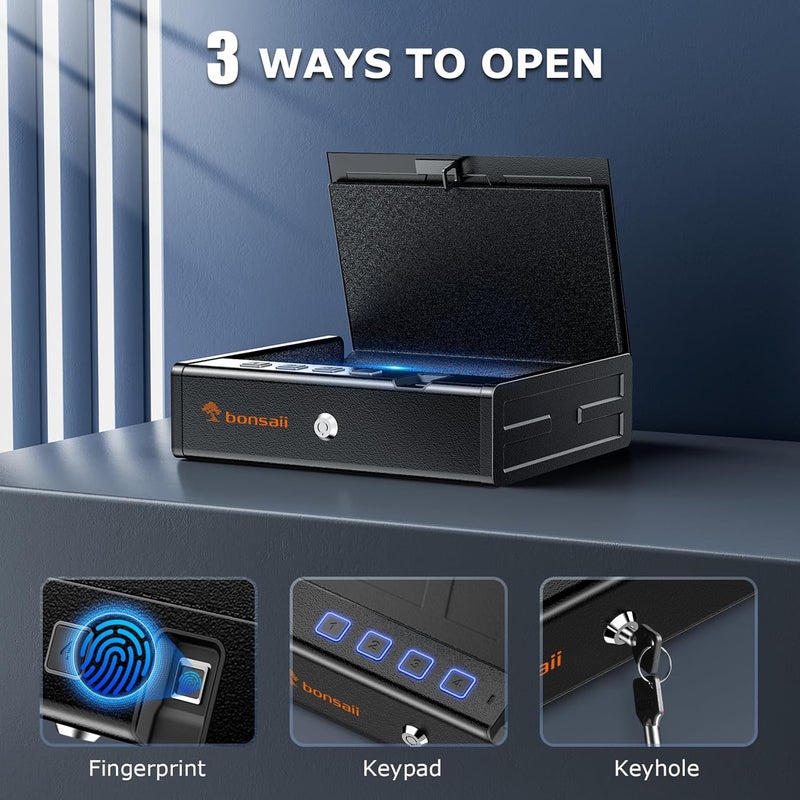 bonsaii Gun Safe for Handgun, 3 Ways Quick Access Biometric Gun Safe for Pistols, Fingerprint Pistol Safe with Type-C Port, Small Handgun Safe Lock Box with Light for Nightstand, Bedside, Car, Home - Image 2